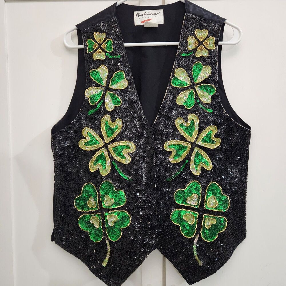 Vintage St Patricks Day M Sequin Vest Shamrock Irish Parade Costume Entertainer